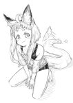  1girl afterimage ahoge animal_ear_fluff animal_ears barefoot bike_shorts fang fox_ears fox_girl fox_tail greyscale hikimayu jaco kneeling monochrome off_shoulder original see-through short_shorts shorts skin_fang solo tail thick_eyebrows white_background 