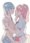  2girls chin_grab closed_eyes eyebrows_visible_through_hair green_hair hand_on_shoulder highres multiple_girls necktie open_mouth pink_hair skirt tongue tongue_out white_background yuri 