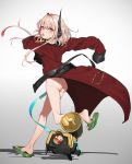  1girl ass bangs bare_legs blonde_hair blush bottomless coat commentary_request girls_frontline green_footwear grey_background headgear highres long_sleeves m4_sopmod_ii_(girls_frontline) megaphone messy_hair multicolored_hair ngs oversized_clothes partial_commentary pink_hair red_coat red_eyes red_hair ro635_(dinergate) running sandals sd_bigpie shadow short_hair_with_long_locks simple_background sleeves_past_fingers sleeves_past_wrists slippers streaked_hair sweat tongue tongue_out 