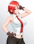  1girl breasts closed_mouth denim gloves highres jeans large_breasts navel necktie pants red_eyes red_hair short_hair simple_background sleeveless smile solo suspenders the_king_of_fighters vanessa_(kof) white_background yensh 