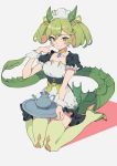  1girl 523_(user_efcm2455) absurdres brown_eyes dragon_girl dragon_tail dragonmaid_parla duel_monster finger_to_cheek green_hair highres holding holding_tray looking_at_viewer seiza sitting solo tail thighhighs tray yuu-gi-ou 