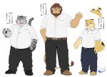  2015 anthro belly bottomwear canid canine canis clothing domestic_dog eyewear felid feline glasses group hinami humanoid_hands kemono lion male mammal overweight overweight_male pantherine pants shirt simple_background topwear white_background 