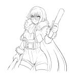  1girl bangs belt blunt_bangs cape countgate cravat dual_wielding fur_cape genderswap genderswap_(mtf) glasses high-waist_shorts highres holding lineart monochrome mr_big_(snk) pretty_big short_hair solo stick the_king_of_fighters the_king_of_fighters_all-stars thighhighs 