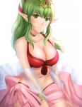  1girl bikini breasts cleavage closed_mouth fire_emblem fire_emblem_awakening fire_emblem_heroes gigamessy green_eyes green_hair long_hair pointy_ears ponytail red_bikini simple_background smile solo swimsuit tiara tiki_(fire_emblem) white_background 