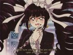  1990s_(style) 1girl artist_name bangs bell_sleeves big_hair black_hair black_jacket black_nails blazer blunt_bangs blush celestia_ludenberck center_frills collared_shirt criis-chan danganronpa danganronpa_1 drill_hair earrings english_commentary english_text frilled_sleeves frills hair_ribbon jacket jewelry lace-up_sleeves lapel long_hair neck_ribbon oldschool open_mouth pointing pointing_up ribbon ring shaded_face shirt sidelocks spoilers subtitled sweat teeth tumblr_username twintails v-shaped_eyebrows vhs_artifacts watermark weapon web_address white_neckwear white_ribbon white_shirt wing_collar 