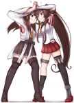  2girls ahoge black_legwear boots brown_hair brown_skirt catfight cherry_blossoms commentary_request detached_collar detached_sleeves double_bun eye_contact flower hair_flower hair_ornament headgear highres hip_vent japanese_clothes kantai_collection kongou_(kantai_collection) long_hair looking_at_another multiple_girls pleated_skirt ponytail red_skirt ribbon-trimmed_sleeves ribbon_trim simple_background single_thighhigh skirt standing thigh_boots thighhighs tiemu_(man190) white_background yamato_(kantai_collection) 