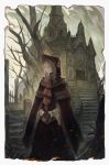  1girl absurdres bloodborne building closed_eyes doll doll_joints highres joints maid_dress maid_headdress plain_doll stairs tombstone tree tree_branch white_hair xinuo223 