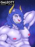  anthro armpit_hair barazoku biceps body_hair dad_bod felid galeott hi_res horn humanoid iranian_mythology lion male mammal manticore middle_eastern_mythology mythology nipples pantherine pecs solo teasing 