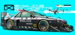  afukuro blue_background car drone english_text flying ground_vehicle highres motor_vehicle nissan nissan_skyline no_humans original police spoiler_(automobile) symbol_commentary vehicle_focus 