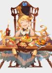  1girl absurdres blonde_hair blush_stickers chair charlotta_fenia clearhand cup dress drinking_glass drinking_straw food full_mouth granblue_fantasy hamburger happy harvin highres huge_filesize long_hair mini_flag omurice pointy_ears spoon table 