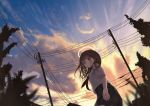  1girl black_skirt blue_sky blurry blurry_foreground blush breasts brown_eyes brown_hair closed_mouth cloud commentary_request depth_of_field from_below halo looking_away looking_to_the_side mimikaki_(men_bow) neckerchief original outdoors pleated_skirt power_lines red_neckwear school_uniform serafuku shirt short_sleeves skirt sky small_breasts solo standing sunset telephone_pole white_shirt 