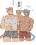  2boys abs animal_ears armpits bara blue_eyes blue_hair blush boxers cat_boy cat_ears cat_tail chest couple cowboy_shot highres male_focus male_underwear multiple_boys muscle navel nipples original pectorals pink_hair short_hair speech_bubble st05254 tail tank_top thighs translation_request underwear underwear_only underwear_pull white_background white_tank_top 