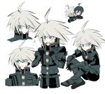  2boys ahoge android black_gloves black_legwear black_shirt blue_eyes blush boots character_sheet chibi clenched_hands closed_eyes closed_mouth commentary crossed_ankles d: danganronpa disconnected_mouth eyes_visible_through_hair flying_sweatdrops gloves grey_theme hands_on_own_knee high_collar keebo knee_boots looking_to_the_side male_focus multiple_boys multiple_views new_danganronpa_v3 open_mouth power_armor saihara_shuuichi shirt silver_hair simple_background sitting taesok upper_body upper_teeth v-shaped_eyes white_background white_skin 