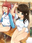  2girls :d absurdres ahoge aqua_eyes asahina_kokomi bangs bare_legs battle_girl_high_school bench between_legs blue_bloomers blunt_bangs bottle breasts brown_hair buruma clip_studio_paint_(medium) closed_eyes feet_out_of_frame gym_shirt hair_ribbon hand_between_legs hand_in_hair hasumi_urara highres hime_cut holding holding_bottle jersey legs_together long_hair medium_breasts multiple_girls open_mouth railing red_hair ribbon shirt short_sleeves sidelocks sitting smile sparkle t-shirt tamanegi_(12030028) thighs towel water_bottle white_shirt wooden_bench 