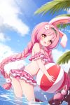  1girl :d animal_ears ass ball bangs bare_shoulders beachball bikini blue_hairband blue_sky blush braid brown_eyes bunny_ears bunny_girl bunny_hair_ornament bunny_tail cloud day eyebrows_visible_through_hair flower hair_flower hair_ornament hairband highres holding holding_ball long_hair looking_at_viewer looking_back mimi_(princess_connect!) nose_blush open_mouth outdoors palm_tree pink_bikini princess_connect! princess_connect!_re:dive setmen sky smile solo standing swimsuit tail tree twin_braids twintails very_long_hair water white_flower 