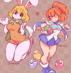  2girls :&gt; :3 animal_ears arle_nadja armor artist_name bangs black_eyes blonde_hair blue_cape blue_footwear blue_skirt blunt_bangs blush boots bow bowtie breastplate breasts brown_background bunny_ears bunny_tail cape carrot_(one_piece) carrying checkered checkered_background clenched_hand closed_mouth commentary covered_navel crossover dress english_commentary eyebrows_visible_through_hair fingerless_gloves flying_sweatdrops full_body furry gloves green_cape green_neckwear hair_tie hand_up hands_up happy high_heels highres kneeling light_blush looking_at_another looking_at_viewer looking_to_the_side looking_up medium_breasts miniskirt multiple_girls one_piece orange_dress orange_hair pawpads paws pink_footwear pleated_skirt ponytail puyo_(puyopuyo) puyopuyo seiza shiny shiny_hair shirt shoes short_dress short_hair short_sleeves shoulder_armor signature simple_background sitting sketch skirt smile standing starmilk tail tied_hair white_gloves white_shirt yellow_eyes zipper 