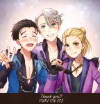  3boys ^_^ black_hair blonde_hair blue_eyes closed_eyes collared_shirt copyright_name cross cross_necklace english_text eyeshadow eyewear_removed green_eyes grin hand_on_another&#039;s_shoulder jewelry katsuki_yuuri makeup male_focus multiple_boys necklace open_mouth ring shirt silver_hair smile sunglasses twc_(p-towaco) v viktor_nikiforov yuri!!!_on_ice yuri_plisetsky 