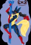  anthro black_body black_fur blue_body blue_fur breasts claws fangs female fluffy fluffy_tail fur genitals hi_res knightmoonlight98 lucario mega_evolution mega_lucario multicolored_body multicolored_fur nintendo nipples open_mouth pok&eacute;mon pok&eacute;mon_(species) pussy red_body red_eyes red_fur simple_background solo spikes tongue tongue_out video_games 