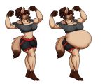  2019 5:4 absurd_res anthro belly big_belly breasts brown_body brown_eyes brown_fur brown_hair bulge fangs female fur gynomorph hair hi_res hyaenid intersex looking_at_viewer mammal muscular muscular_anthro navel pregnant pregnant_intersex riddleaugust simple_background solo spots spotted_body spotted_fur tied_hair white_background workout_clothing 