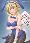  1girl animal_ears anti_(untea9) black_legwear blonde_hair blue_background blue_eyes blue_leotard blue_neckwear bow bowtie breasts bunny_ears bunny_girl bunny_tail bunnysuit cleavage colorado_(kantai_collection) covered_navel detached_collar eyebrows_visible_through_hair fake_animal_ears fake_tail gradient gradient_background hair_between_eyes high_heels highres kantai_collection leotard medium_breasts pantyhose side_braids solo strapless strapless_leotard tail wrist_cuffs 