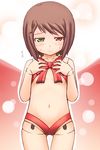  blush brown_hair doll doll_joints flat_chest heterochromia jingai_modoki midriff naked_ribbon navel ribbon rozen_maiden solo souseiseki standing 