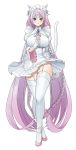  1girl absurdres animal_ears bangs bigfall blue_eyes blush braid breasts cat_ears cat_girl cat_tail cs_perrault dress eyebrows_visible_through_hair full_body garter_straps gloves heterochromia highres large_breasts last_origin light_purple_hair maid_headdress open_mouth pleated_dress simple_background solo tail thighhighs twin_braids white_background white_dress white_gloves white_legwear wide_sleeves yellow_eyes 
