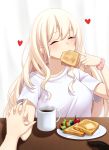  2girls bangs blonde_hair blueberry blush bread breasts butter cat_tail child_(isoliya) closed_eyes coffee_mug cup curtains dish eyebrows_visible_through_hair food fruit heart highres holding_hands long_hair medium_breasts messy_hair mouth_hold mug multiple_girls myndi original pointing pointing_at_self scrunchie shirt simple_background smile steam table tail vegetable visible_ears white_shirt 