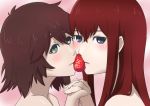  2girls absurdres bangs blue_eyes blush brown_hair food from_side fruit green_eyes hair_between_eyes highres holding_hands interlocked_fingers long_hair makise_kurisu multiple_girls nude parted_lips pink_background portrait red_hair shiina_mayuri shiny shiny_hair short_hair steins;gate strawberry tayutau0a0 yuri 