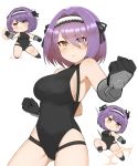  1girl armpits ass_visible_through_thighs azur_lane bangs bare_shoulders black_gloves black_leotard blush breasts cap105 chibi chibi_inset clenched_hands closed_mouth commentary_request covered_navel cowboy_shot eyebrows_visible_through_hair eyes_visible_through_hair full_body gauntlets gloucester_(azur_lane) gloves hair_between_eyes hair_over_one_eye hairband highleg highres lace-trimmed_hairband large_breasts leotard looking_at_viewer motion_lines punching purple_hair short_hair sidelocks simple_background standing swept_bangs taut_leotard white_background yellow_eyes 