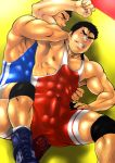  2boys bandaid bandaid_on_nose bara black_eyes black_hair blush body_hair chest covered_abs cum cum_in_clothes cum_through_clothes erection erection_under_clothes facial_hair feet_out_of_frame highres implied_yaoi male_focus manly masateruteru multiple_boys muscle nipple_slip nipples original pectorals precum shoes short_hair sideburns sweat thick_eyebrows thick_thighs thighs wrestling wrestling_outfit wrestling_ring 