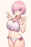  1girl absurdres bangs bare_shoulders bikini blush breasts closed_mouth collarbone double_v fate/grand_order fate_(series) hair_over_one_eye highres jp06 large_breasts light_purple_hair looking_at_viewer mash_kyrielight navel purple_eyes rainbow_bikini sheer_clothes short_hair simple_background smile striped striped_bikini swimsuit swimsuit_of_perpetual_summer_ver.02 thighs v white_background 