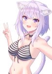  1girl :3 :d animal_ears antenna_hair arm_up bangs bare_arms bare_shoulders bikini black_collar blush breasts cat_ears cat_girl cleavage collar collarbone fang fang_out front-tie_bikini front-tie_top halterneck hololive kaimuu_(fahrenheit724) looking_at_viewer medium_breasts navel nekomata_okayu open_mouth outstretched_arms purple_eyes purple_hair self_shot sidelocks simple_background smile solo string_bikini striped striped_bikini striped_swimsuit swimsuit upper_body v virtual_youtuber white_background 