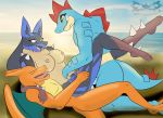  anthro anthro_on_anthro black_body black_fur blue_body blue_eyes blue_fur bodily_fluids breast_lick breasts charizard claws clenched_teeth cum cum_in_pussy cum_inside detailed_background double_penetration double_vaginal eyes_closed fangs female female_penetrated feraligatr fur genital_fluids genitals group hi_res interspecies knightmoonlight98 licking looking_pleasured lucario lying male male/female male_penetrating male_penetrating_female mega_evolution mega_lucario multicolored_body multicolored_fur nintendo nipples open_mouth open_smile orange_body orgasm orgasm_face penetration penis pok&eacute;mon pok&eacute;mon_(species) red_body red_fur saliva sex smile teeth tongue tongue_out two_tone_body vaginal vaginal_penetration vein veiny_penis video_games wings yellow_eyes 