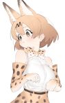  1girl animal_ears bare_shoulders belt blonde_hair blush bow bowtie cowboy_shot elbow_gloves extra_ears eyebrows_visible_through_hair gloves high-waist_skirt highres kemono_friends kona_ming looking_back paw_pose print_gloves print_neckwear print_skirt serval_(kemono_friends) serval_ears serval_girl serval_print shirt short_hair skirt sleeveless solo white_shirt yellow_eyes 