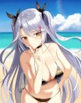  1girl azur_lane bare_arms bare_shoulders beach bikini black_bikini black_choker black_ribbon blue_sky blush breasts choker cleavage closed_mouth cloud collarbone cowboy_shot day doggo34476335 finger_to_mouth flag_print german_flag_bikini hair_ribbon hand_on_hip highres horizon index_finger_raised large_breasts long_hair looking_at_viewer multicolored_hair navel ocean orange_eyes prinz_eugen_(azur_lane) prinz_eugen_(unfading_smile)_(azur_lane) red_hair ribbon shushing side-tie_bikini silver_hair sky smile solo stomach straight_hair streaked_hair swimsuit two-tone_hair two_side_up very_long_hair 