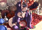  1girl alcohol black_fundoshi bottle cherry_blossoms chinese_clothes commentary_request cup dudou eyebrows_visible_through_hair fangs fate/grand_order fate_(series) food fruit grapes hanami headpiece highres holding holding_cup holding_tray horns japanese_clothes jug kimono kneeling oni oni_horns open_clothes open_kimono open_mouth outdoors peach purple_eyes purple_hair purple_kimono revealing_clothes sakazuki sake sake_bottle shade shide short_eyebrows short_hair shuten_douji_(fate/grand_order) skin-covered_horns smile solo tray tree_shade tsuuhan 
