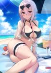  1girl apple arm_support ass azur_lane bangs bare_shoulders beach beach_mat bikini black_bikini blue_sky blush breasts cellphone cleavage collarbone eyebrows_visible_through_hair eyewear_on_head food fruit hair_between_eyes heart heart-shaped_eyewear highres large_breasts looking_at_viewer low_twintails lying o-ring o-ring_top off_shoulder on_side parted_lips phone red_eyes scrunchie sheer_clothes shore short_hair short_twintails sirius_(azur_lane) sirius_(midsummer_seirios)_(azur_lane) sky solo sparkle sunglasses sunlight super_nagoyaka swimsuit thigh_strap thighs twintails white_hair white_scrunchie wrist_scrunchie 