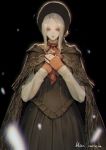  1girl absurdres black_background bloodborne breasts cape cloak comb crying crying_with_eyes_open doll doll_joints han-0v0 headdress highres holding joints maid_dress plain_doll silver_eyes silver_hair skirt smile tears 