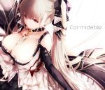  1girl azur_lane background_text bangs bare_shoulders between_breasts black_dress black_ribbon black_sleeves blunt_bangs breasts c_c character_name choker cleavage closed_mouth collared_dress commentary_request detached_sleeves dress earrings english_text eyebrows eyebrows_visible_through_hair formidable_(azur_lane) frilled_dress frills from_side gem hair_ornament hair_ribbon head_tilt highres jewelry large_breasts long_hair long_sleeves looking_at_viewer maid_dress neckwear platinum_blonde_hair red_eyes ribbon sidelocks simple_background strap twintails two-tone_dress two-tone_ribbon very_long_hair white_background white_dress white_ribbon 