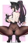  1girl :d ass back bikini black_bikini black_gloves black_hair black_legwear blush breasts choker fate/grand_order fate_(series) fingerless_gloves gloves hat high_heels j.k. large_breasts long_hair looking_at_viewer open_mouth pantyhose pink_hair sesshouin_kiara sesshouin_kiara_(swimsuit_mooncancer)_(fate) smile solo spread_legs squatting swimsuit teeth tongue tongue_out yellow_eyes 