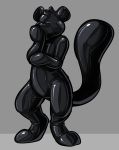  ambiguous_gender anthro big_tail black_clothing bound clothing encasement face_squish faceless featureless_crotch felid front_view glistening grey_background hi_res mammal pantherine rubber rubber_suit signature simple_background snow_leopard solo squish standing tallarra terrev 