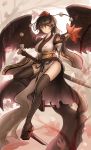  1girl arms_up autumn_leaves black_hair black_legwear black_wings blurry blurry_background breasts bridal_gauntlets commentary_request detached_sleeves eyebrows_visible_through_hair fan feather_fan feathered_wings folded_leg geta hair_between_eyes hand_on_hilt hat highres holding holding_fan kourindou_tengu_costume large_breasts namiki_(remiter00) obi parted_lips pelvic_curtain pointy_ears pom_pom_(clothes) red_footwear red_headwear sash shameimaru_aya short_hair solo sword tengu-geta thighhighs tokin_hat touhou tree weapon wings 