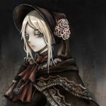  1girl bloodborne doll flower green_eyes hat hat_flower highres jewelry maid_dress maid_headdress moonface necklace plain_doll scarf tied_hair white_hair 