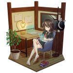  1girl absurdres barefoot black_headwear black_skirt braid brown_hair capelet chair computer fedora hat highres holographic_monitor holographic_touchscreen indoors laptop necktie ramie_(ramie541) red_neckwear science_fiction shirt single_braid skirt solo table touhou usami_renko 