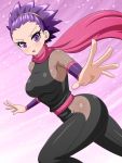  1girl breasts gym_leader highres janine_(pokemon) japanese_clothes looking_at_viewer ninja pokemon pokemon_(game) pokemon_gsc purple_eyes purple_hair scarf short_hair solo yensh 