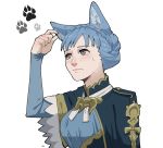  1girl animal_ear_fluff animal_ears black_eyes blue_capelet blue_dress blue_hair blush braid breasts capelet closed_mouth crown_braid dress epaulettes fire_emblem fire_emblem:_three_houses francisco_mon highres lips lipstick long_sleeves makeup marianne_von_edmund ribbon short_hair signature simple_background solo sweatdrop touching_ears white_background white_ribbon wolf_ears 