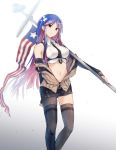  1girl american_flag asymmetrical_legwear bangs between_breasts black_neckwear black_skirt blue_hair breasts brown_vest closed_mouth detached_sleeves eyebrows_visible_through_hair flag gradient gradient_background holding kantai_collection large_breasts long_hair multicolored_hair navel necktie necktie_between_breasts red_hair satsumi sidelocks simple_background single_leg_pantyhose single_thighhigh skirt solo south_dakota_(kantai_collection) star_(symbol) thighhighs vest white_hair 