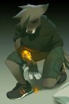  2020 2:3 anthro bottomwear canid canine clothing eyes_closed fire footwear fox fur gradient_background looking_down male mammal miles_df shoes shorts simple_background solo 