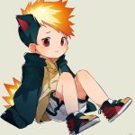  1boy 3: animal_ears black_hair blonde_hair child drawstring earrings english_commentary gen_2_pokemon highres jewelry knees_up long_sleeves looking_at_viewer male_focus multicolored_hair orange_eyes personification pokemon pullover quilava red_eyes shoes shorts simple_background sleeves_past_fingers sleeves_past_wrists solo stud_earrings thebrushking white_shorts 