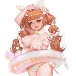  1girl animal_ears arm_garter arm_up artist_name b-anma bangs bikini blush bow breasts brown_eyes brown_hair bunny_ears bunny_hair_ornament cleavage copyright_request cowboy_shot detached_collar fang frilled_bikini frills groin hair_ornament hair_ribbon hairclip highres innertube innertube_with_ears large_breasts long_hair looking_away multi-tied_hair open_mouth pink_bikini pink_bow pom_pom_(clothes) ribbon saliva side-tie_bikini simple_background solo strapless strapless_bikini swimsuit twintails yellow_eyes 